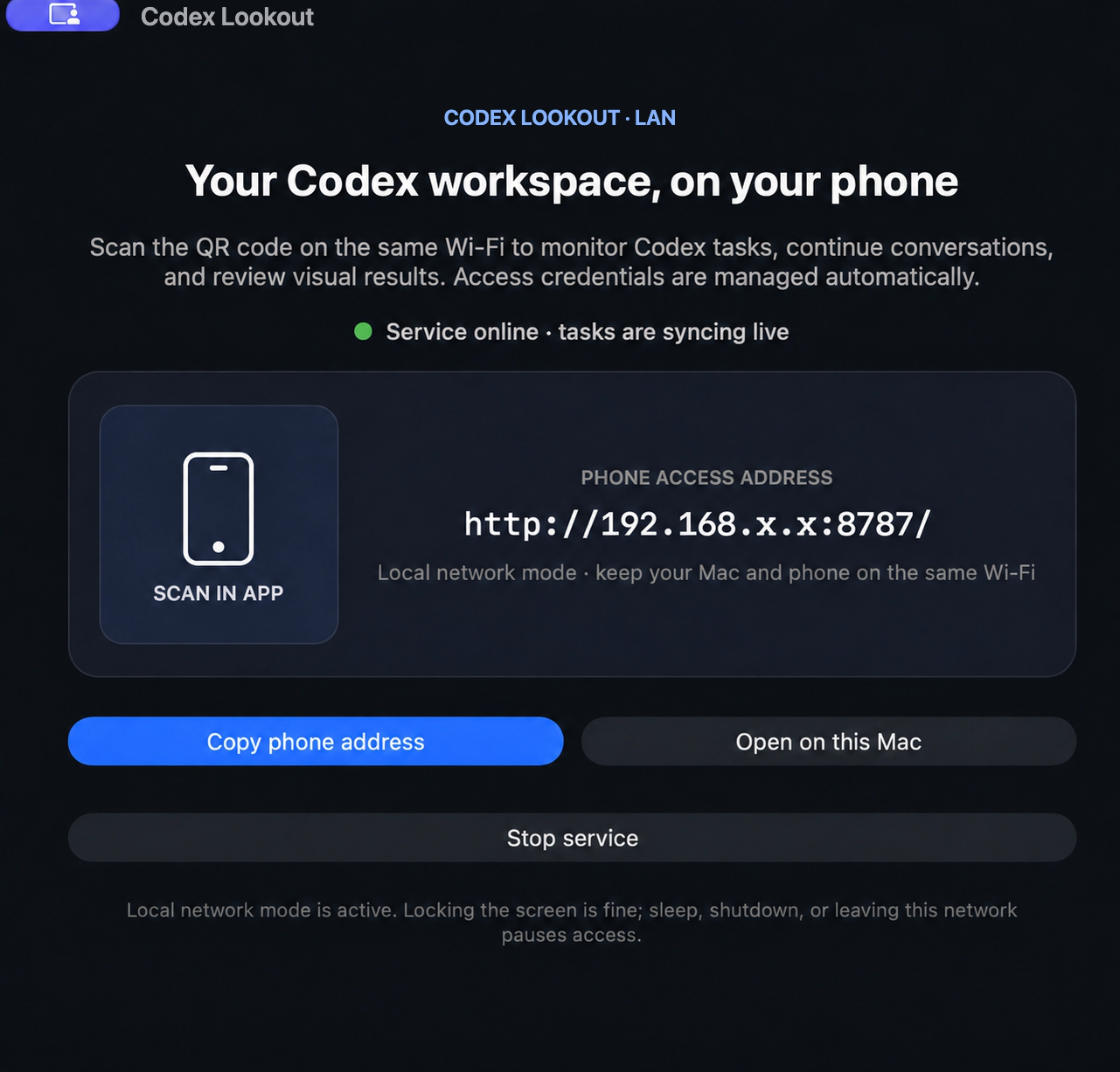 Codex Lookout Mac host with a local phone address