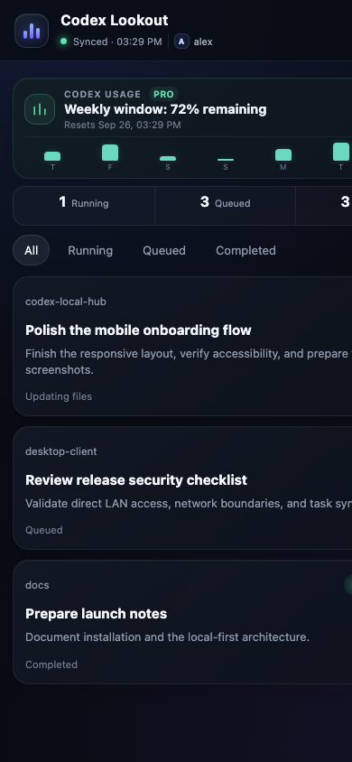 Codex Lookout mobile task dashboard